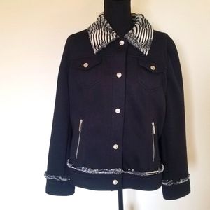 Chico's knit bomber jacket faux fur zebra collar, accents